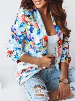 Pink Vibrant Floral Print Open Front Blazer