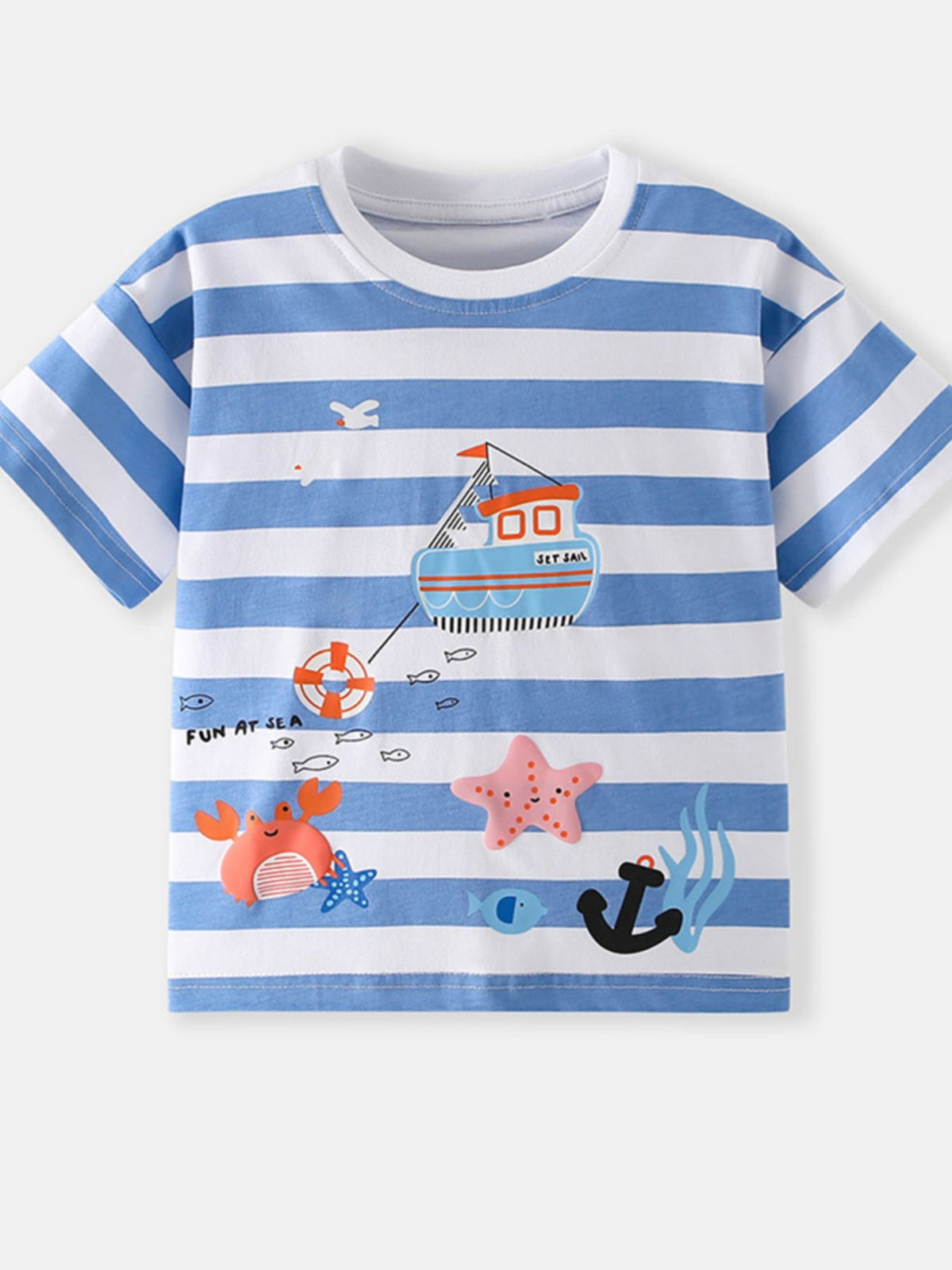 Toddler blue and white striped cotton t-shirt with nautical graphics like a boat, crab, and anchor.
