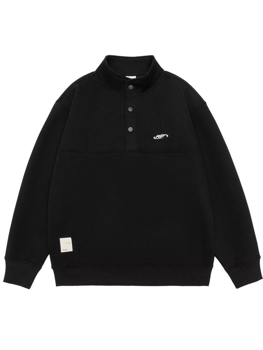 Black buttoned sweatshirt pullover with mock neck and embroidered logo.
