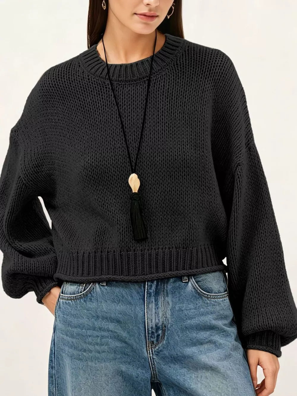 Khaki pullover sweater with hip-length and pullover