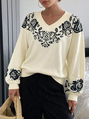 ivory pullover sweater with floral and v-neck
