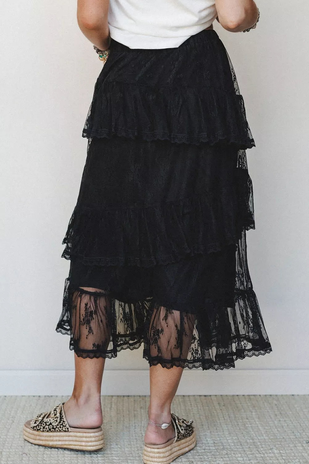 Black with Elegant Ruffle Lace Tiered Skirt