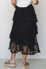 Black with Elegant Ruffle Lace Tiered Skirt