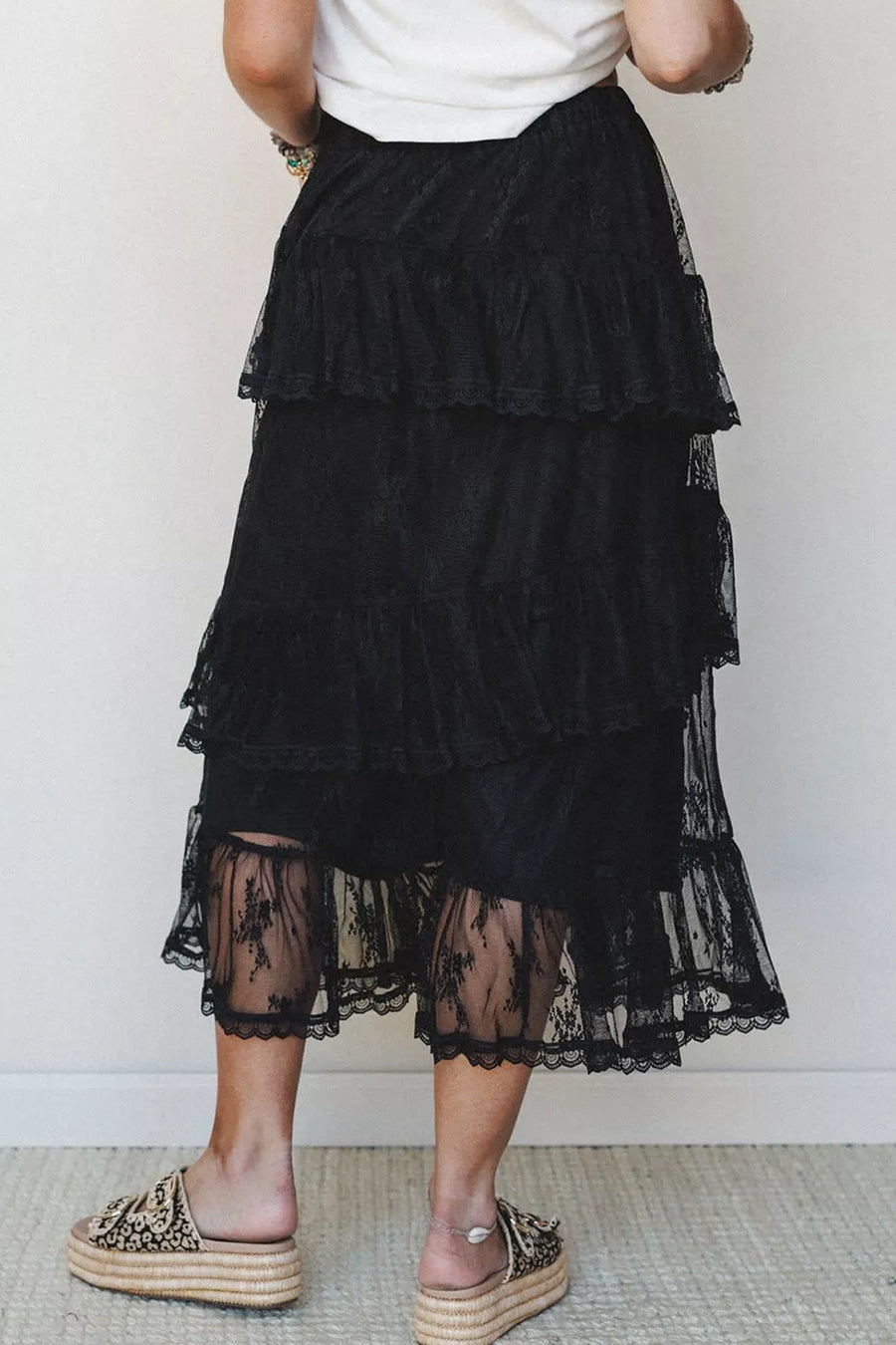 Black with Elegant Ruffle Lace Tiered Skirt