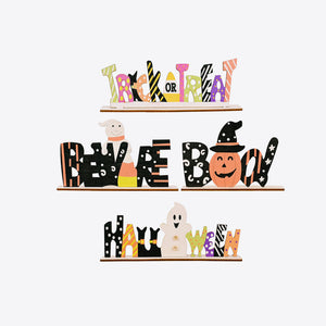Halloween word block trio with Trick or Treat, Beware Boo, and Happy Halloween phrases and spooky graphics.