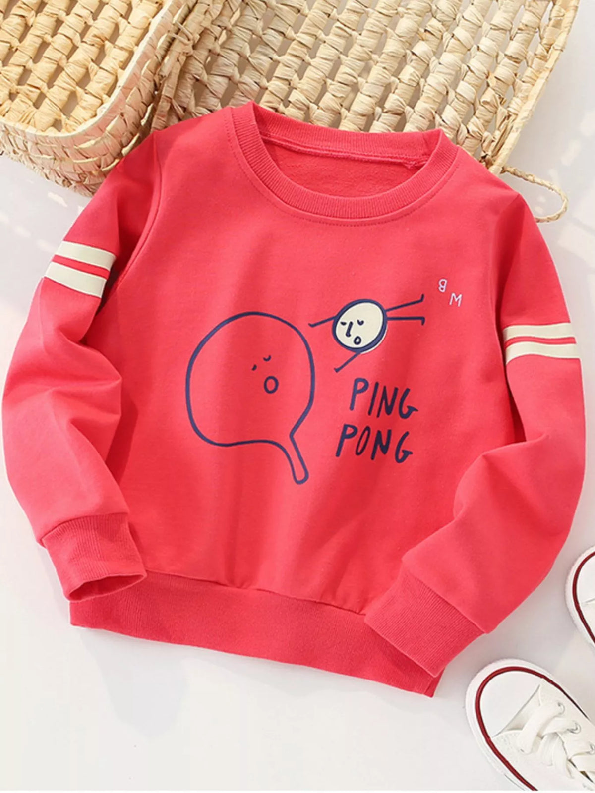 Kids' red crew neck sweatshirt with ping pong graphic and striped sleeves