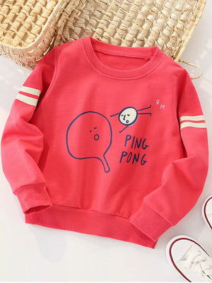 Kids' red crew neck sweatshirt with ping pong graphic and striped sleeves
