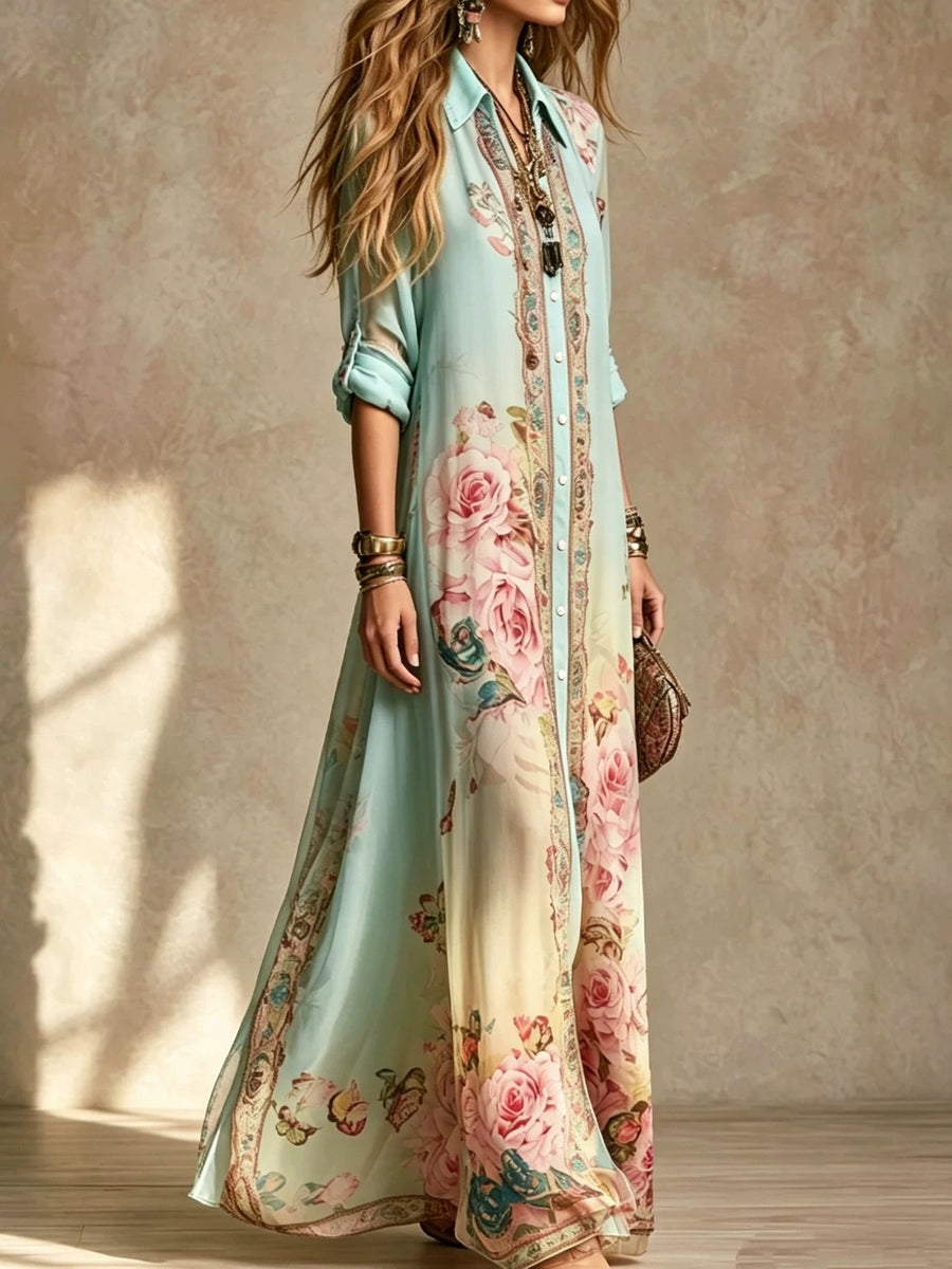 shirt dress in pink with floral and buttoned