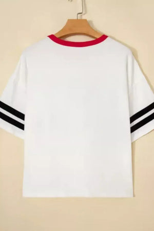 White cotton crew neck t-shirt with red trim and black striped sleeves.