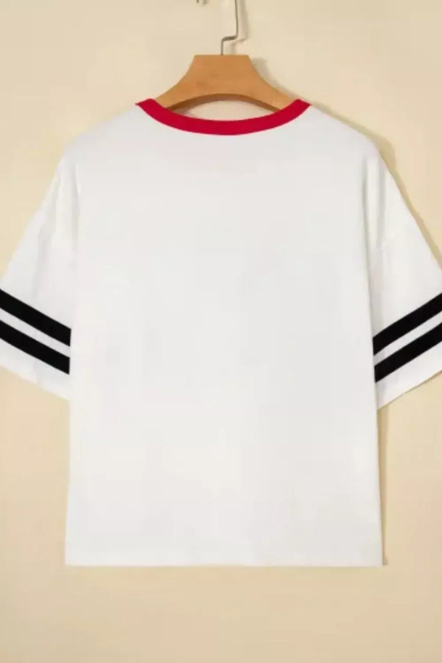 White cotton crew neck t-shirt with red trim and black striped sleeves.