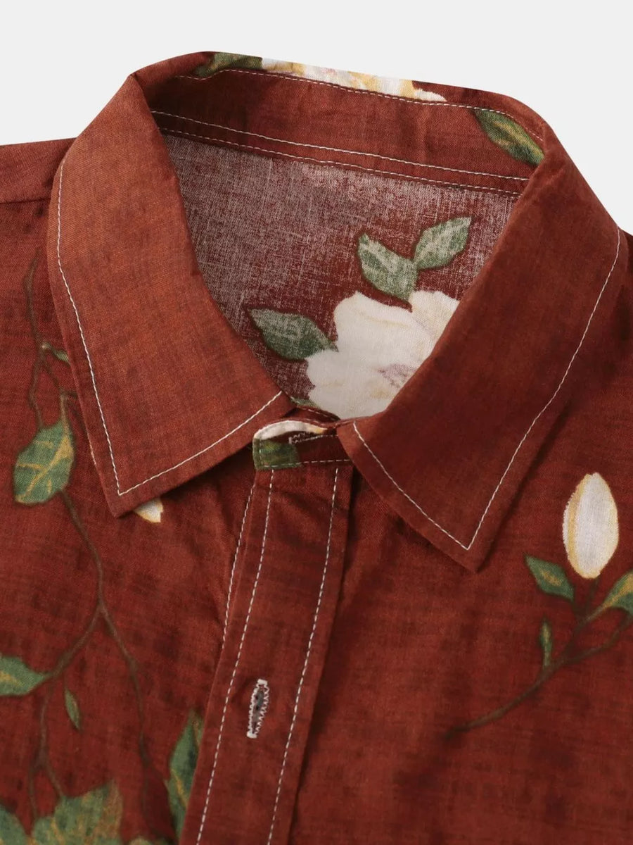 Men's Plus Size Floral Print Short Sleeve Shirt in Gold