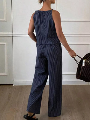 Blue striped sleeveless top and wide-leg pants set with tie detail at the back.