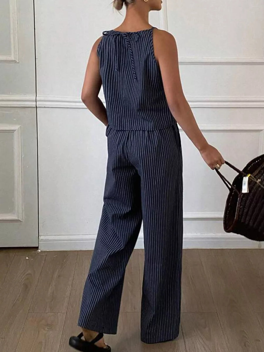 Blue striped sleeveless top and wide-leg pants set with tie detail at the back.