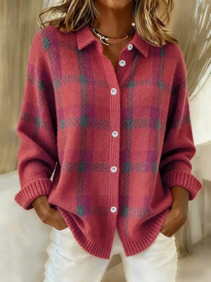 Plaid Button-up Cardigan in Purple