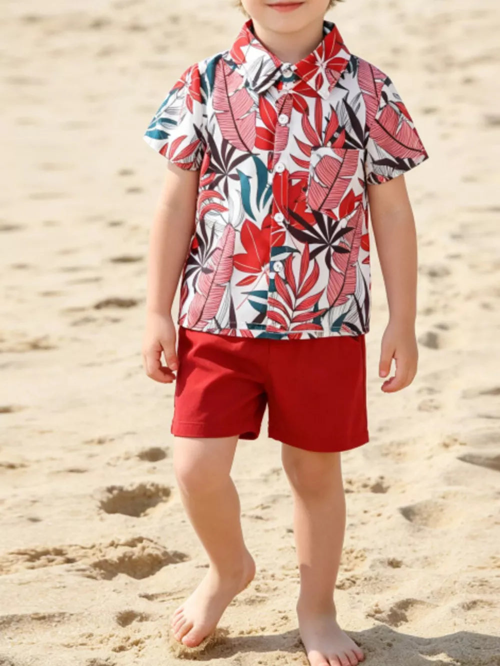 Toddler tropical leaf print button-front shirt and red shorts set