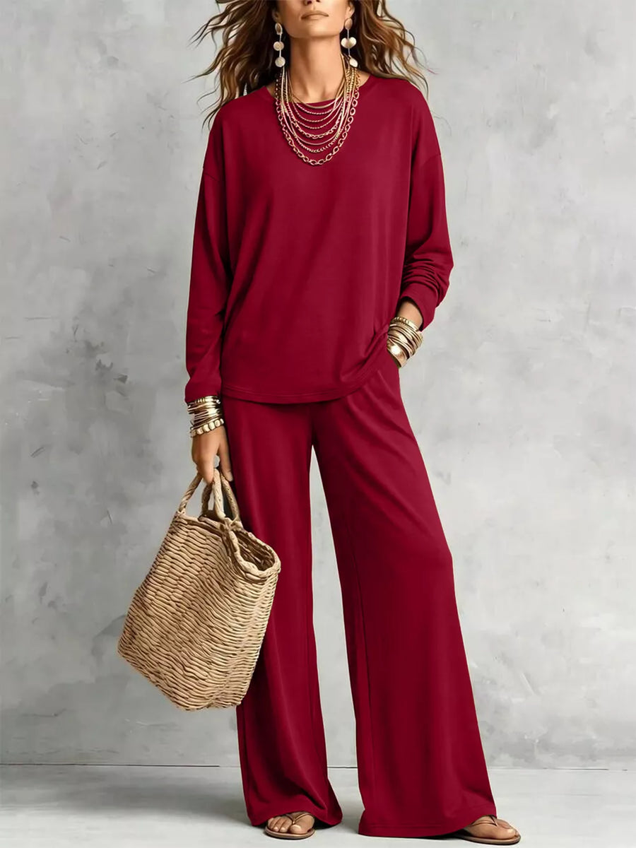 Burgundy relaxed two-piece set with round neck