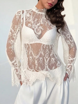 Lace Flounce Sleeve Top in White