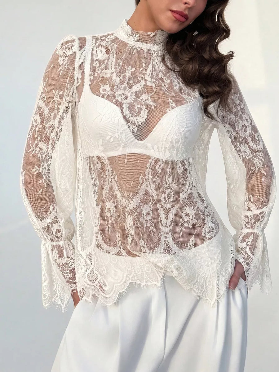 Lace Flounce Sleeve Top in White