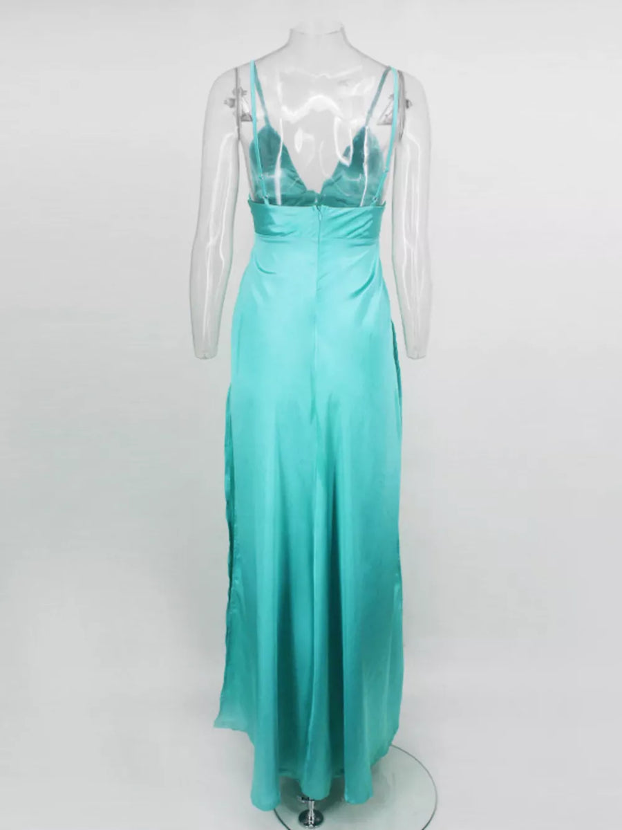 Pink A-line maxi dress with deep v-neck