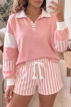 Pale Blush Color Block Polo Shirt And Striped Shorts Set