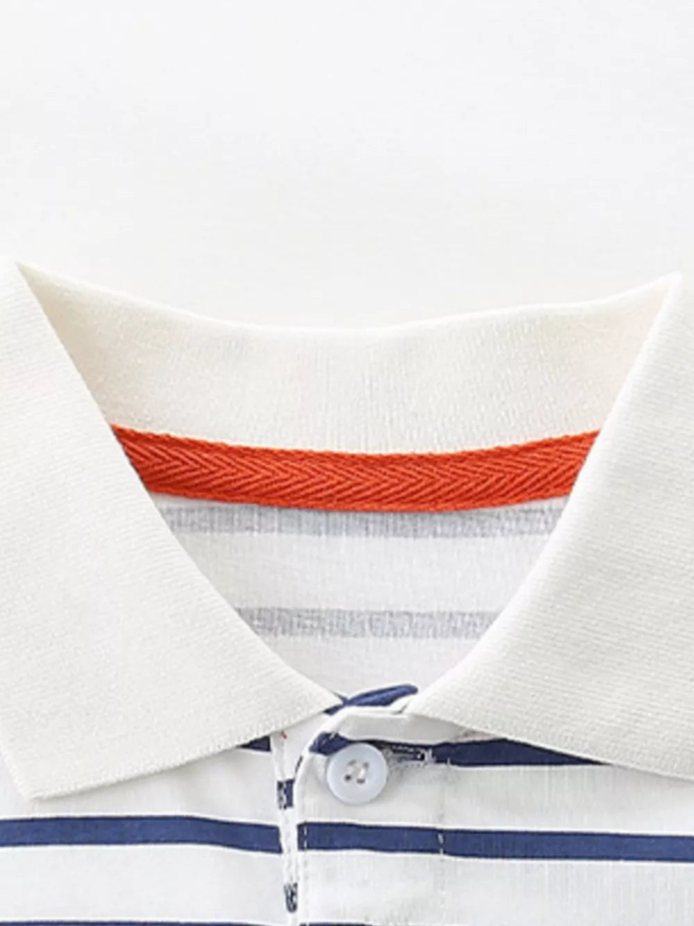 White and blue striped cotton polo shirt with orange trim and button placket.
