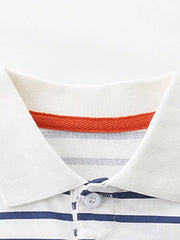 White and blue striped cotton polo shirt with orange trim and button placket.