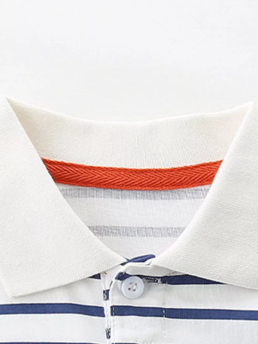 White and blue striped cotton polo shirt with orange trim and button placket.