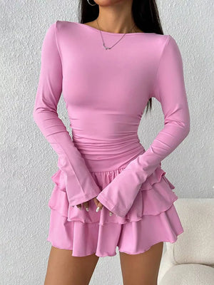 Ruched Long Sleeve Layered Ruffle Mini Dress in Red, view 19