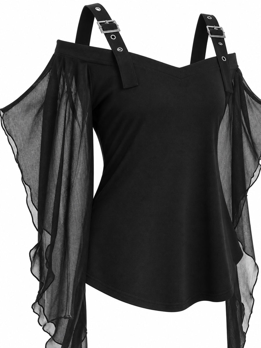 peplum top in black with ruffled and hip-length