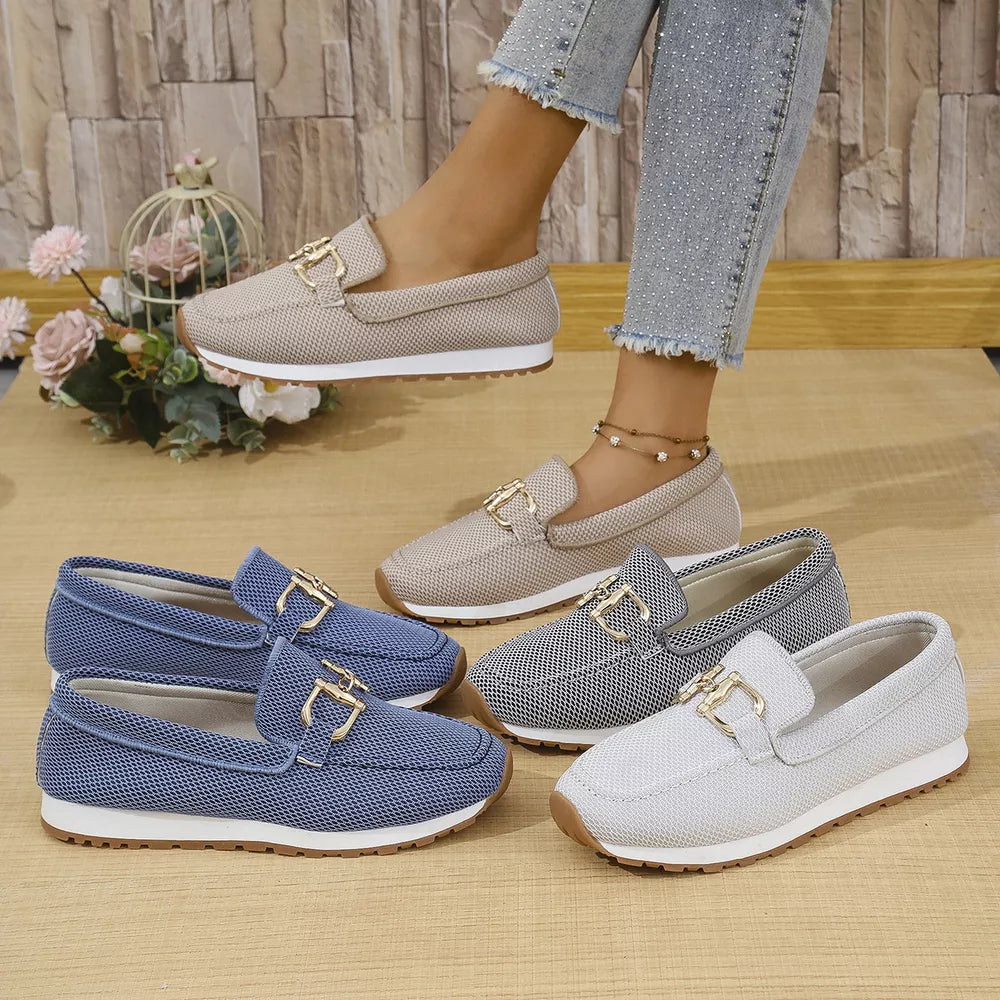Chic mesh slip-on loafers in khaki, white, black, and blue with gold buckle detail.