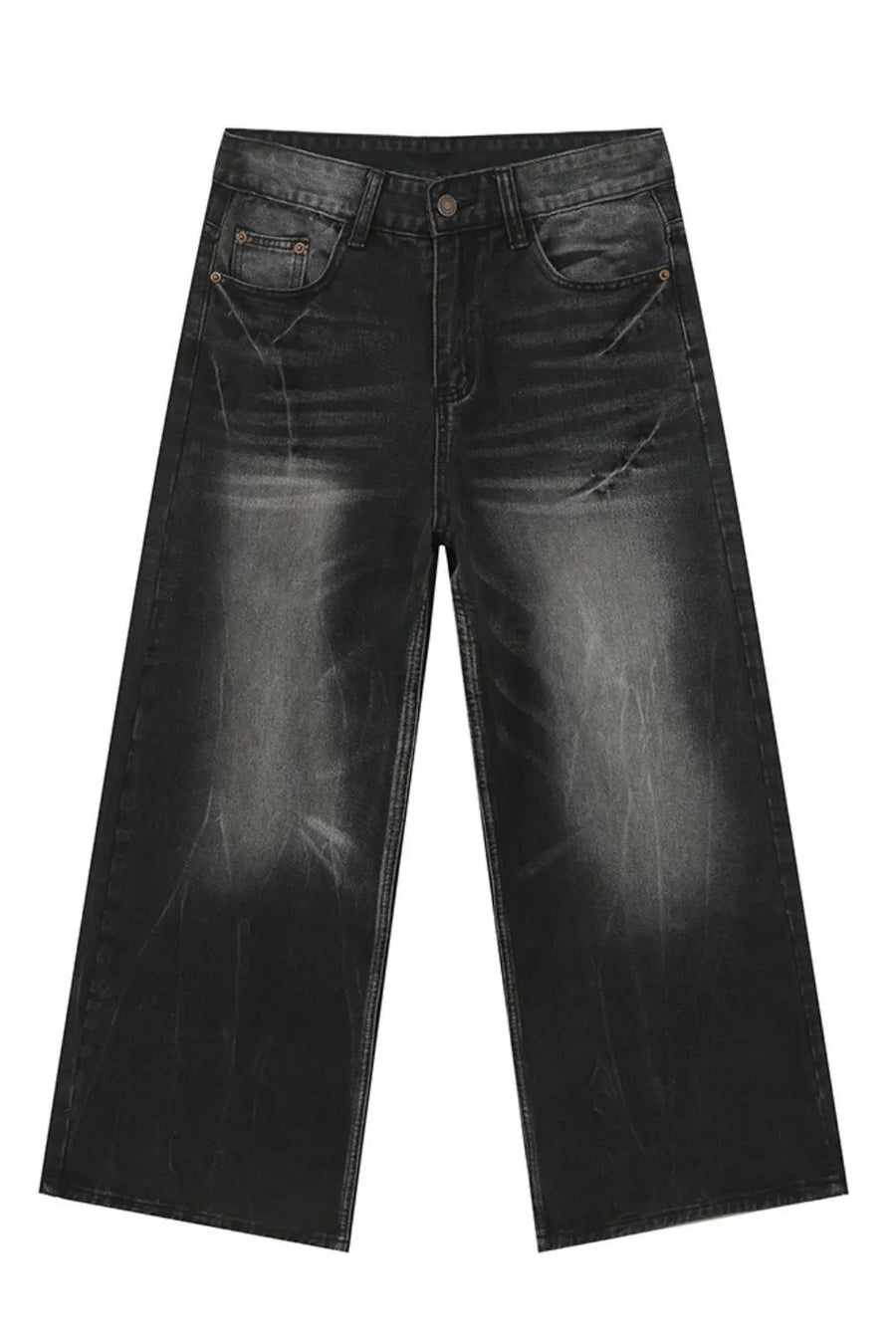 Whiskered wide leg denim jeans in dark wash with a relaxed fit and distressed details.