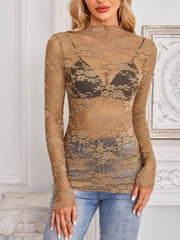 Sheer Floral Lace Long Sleeve Top in White with lace