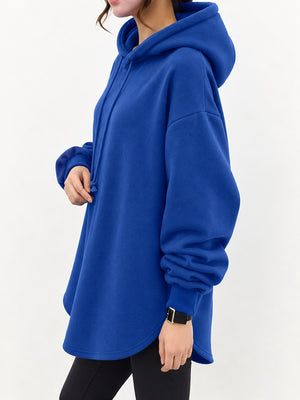 Full Size Drawstring Dropped Shoulder Hoodie in Blue with drawstring