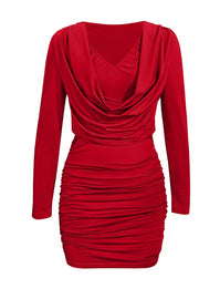 Ruched Cowl Neck Long Sleeve Mini Dress, view 13