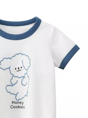 White t-shirt with blue trim and a blue cartoon dog graphic with "Honey Cookies" text.