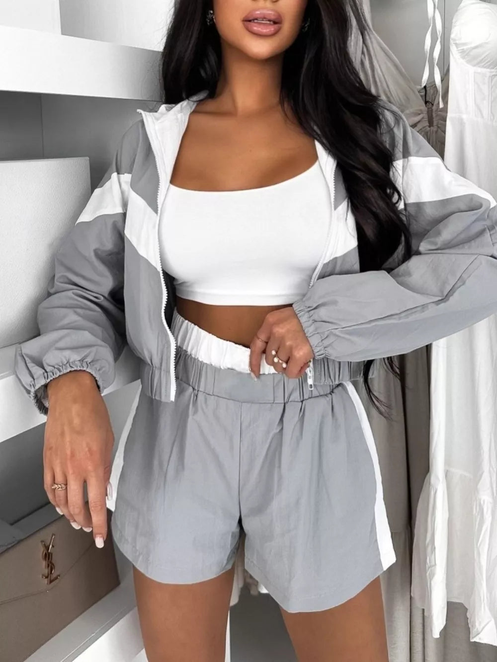 Light Gray Zip Up Long Sleeve Outerwear And Shorts Set