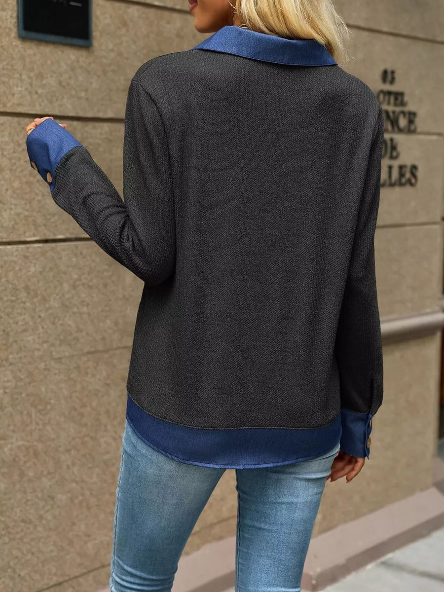 Decor Button Long Sleeve Sweatshirt in Khaki with buttoned cuffs