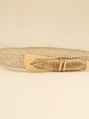 Woven raffia belt in gold with a gold-tone buckle and loop detail.