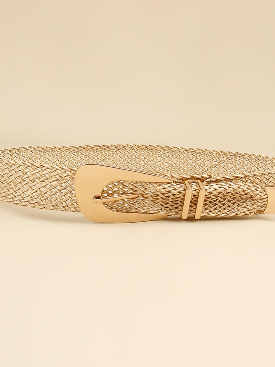 Woven raffia belt in gold with a gold-tone buckle and loop detail.