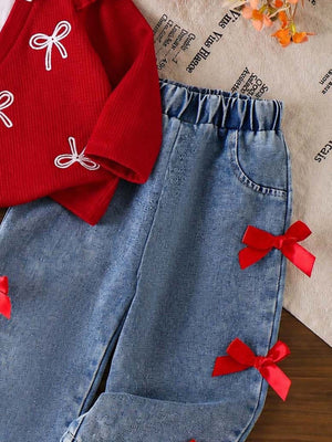 pullover sweater in Red with bows and ruffled