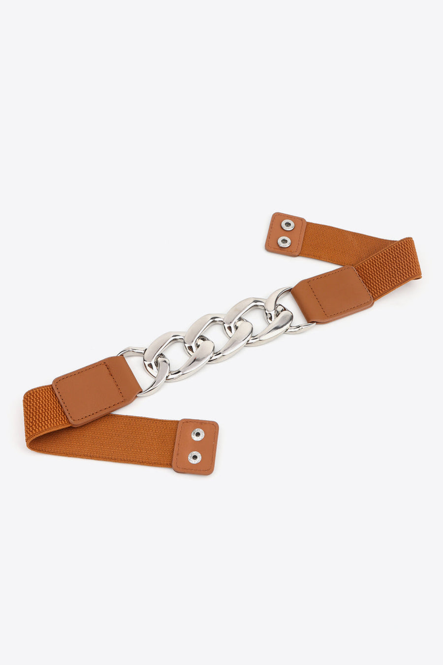Ochre elastic belt with chunky silver chain detail and faux leather ends