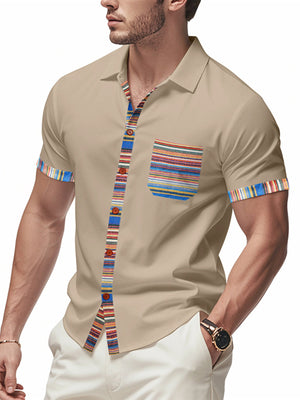 Khaki cotton short sleeve men's shirt with colorful striped trim on placket, pocket, and cuffs.