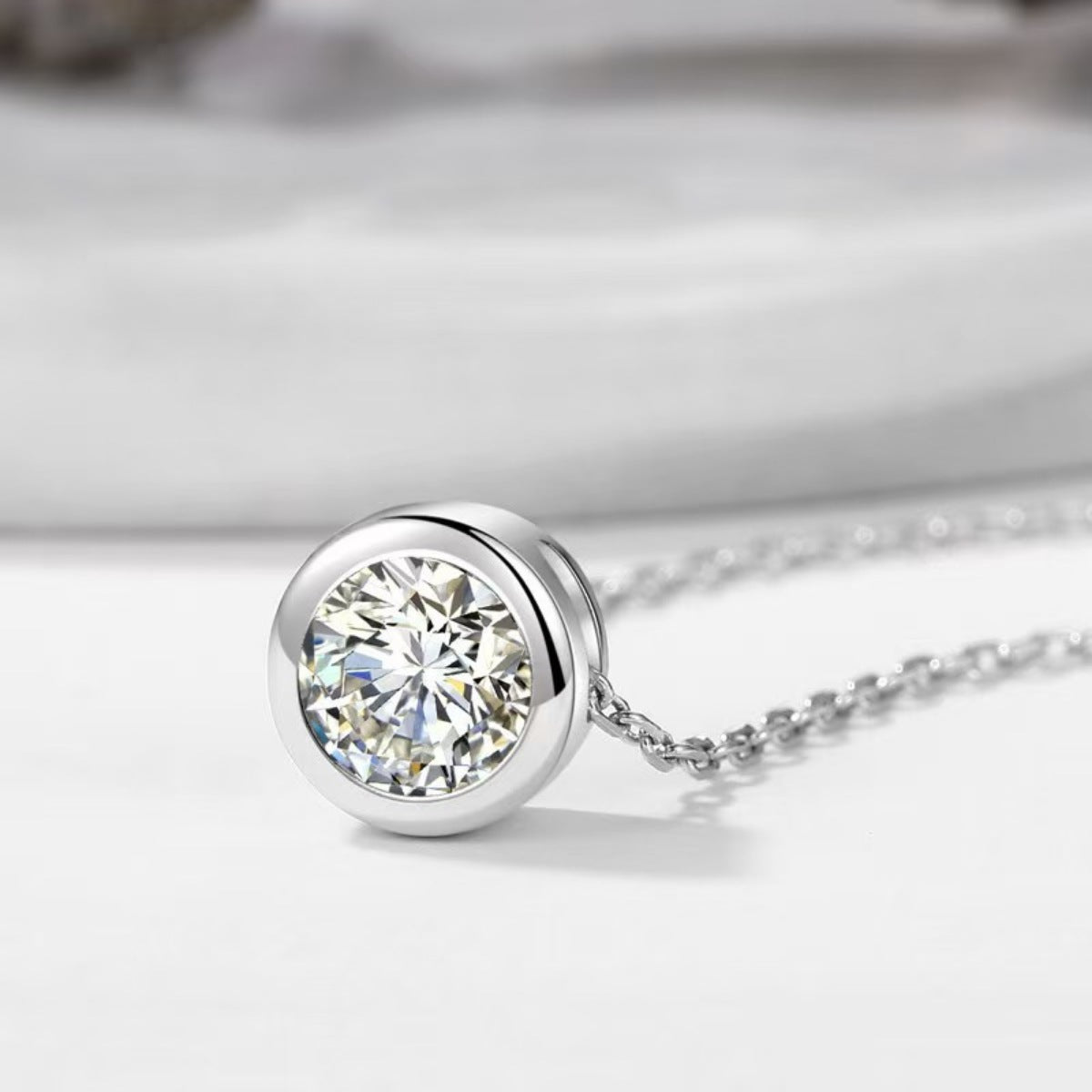 necklace in silver featuring moissanite stone and straight fit