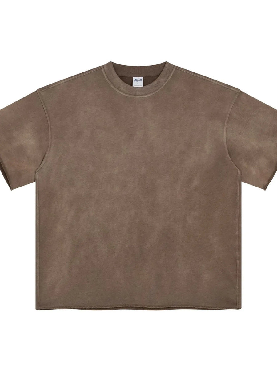 Raw edge boxy t-shirt in Khaki with a washed effect and crew neck.