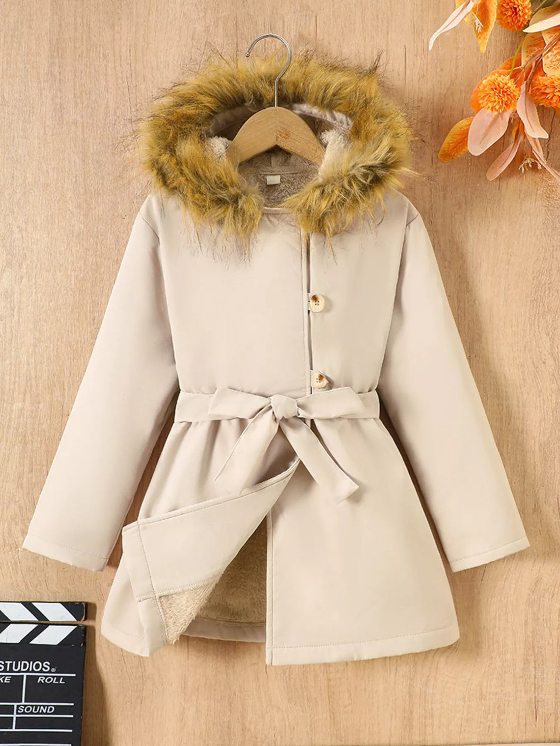 Apricot hooded faux fur trim coat with belted waist for baby girls.