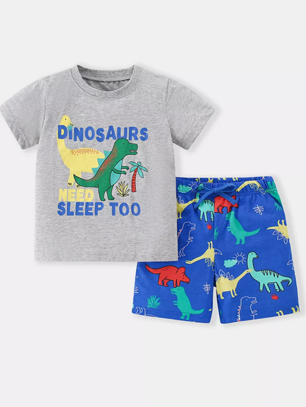 Toddler boys' grey cotton crew neck top with dinosaur graphic and blue dinosaur print shorts.