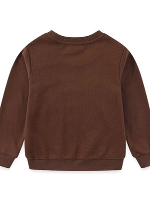 Dark brown kids sweatshirt with crew neck and ribbed cuffs and hem.
