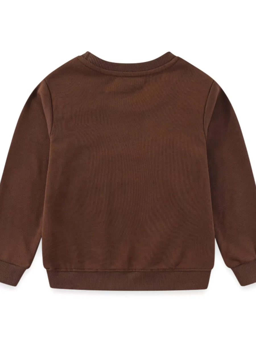 Dark brown kids sweatshirt with crew neck and ribbed cuffs and hem.