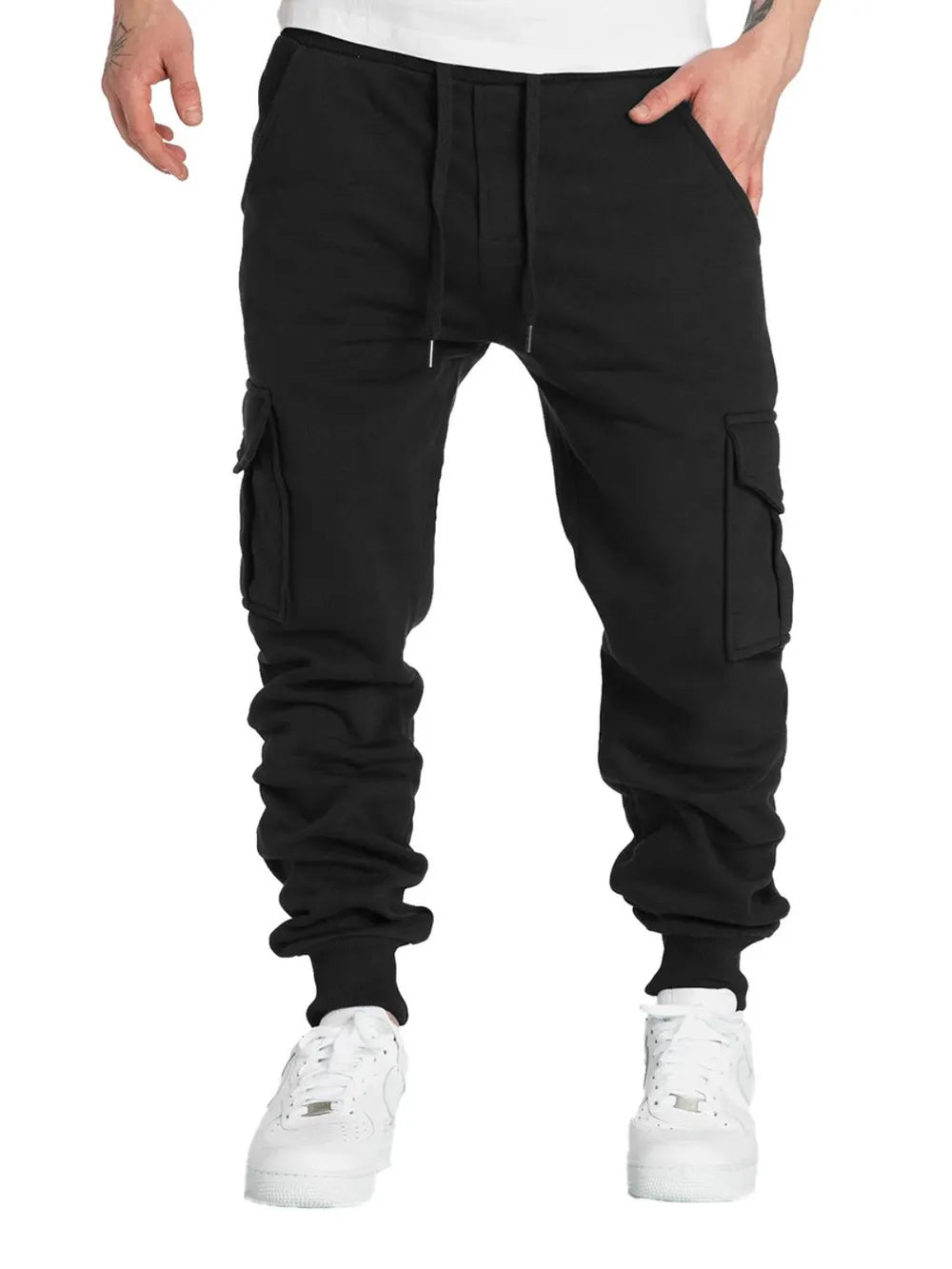 Black cargo joggers with cuffed ankles and drawstring waist.