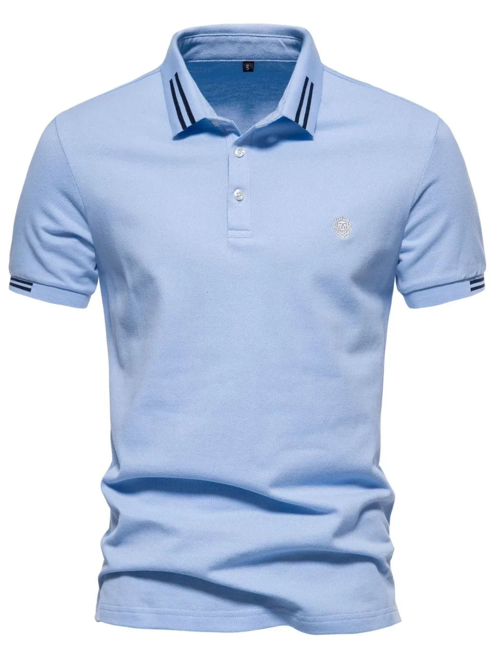 Light blue textured polo shirt with striped collar and sleeve detail